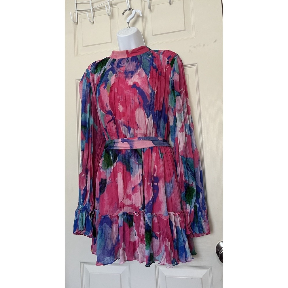 Hemant & Nandita Vesa Watercolor Floral Belted Mini Dress Chiffon Pink XL